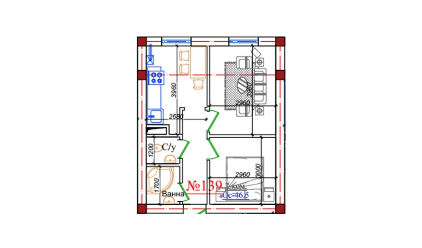 2-xonali xonadon 46.5 m²  1/9 qavat | ZAR ZAMONAVIY UYLAR Turar-joy majmuasi