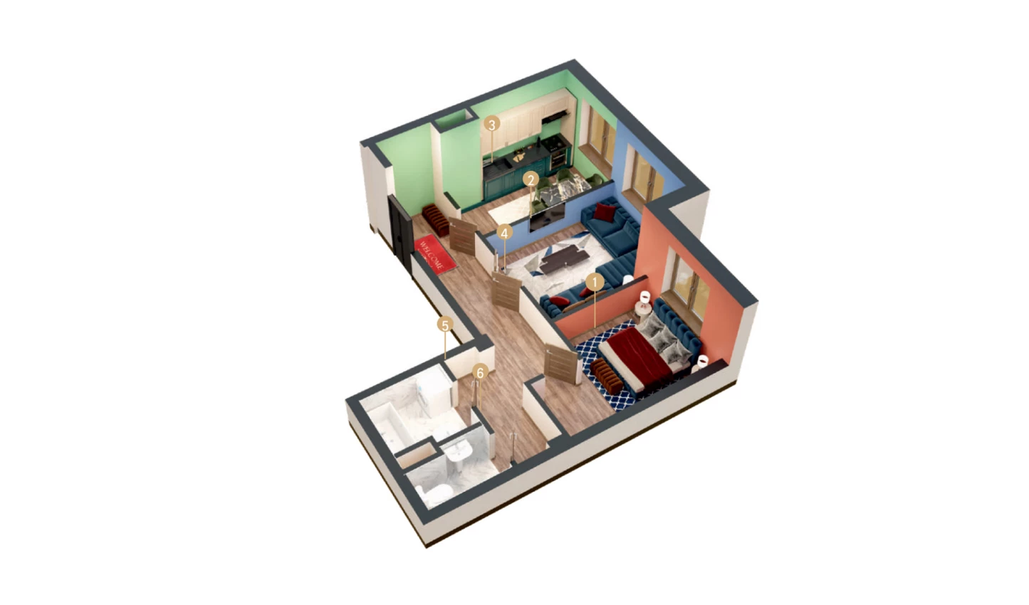 2-xonali xonadon 48.39 m²  6/9 qavat | MINGCHINOR Turar-joy majmuasi