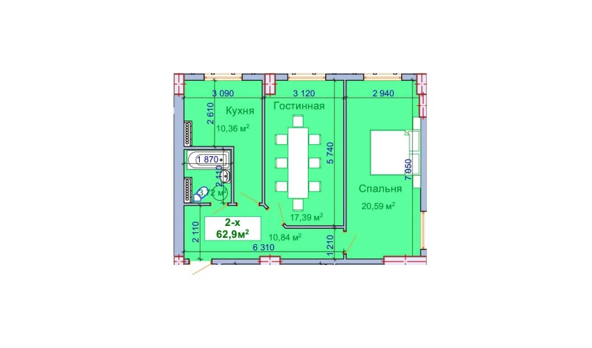 2-xonali xonadon 62.9 m²  1/9 qavat | SHAYX-UL OLAM Turar-joy majmuasi