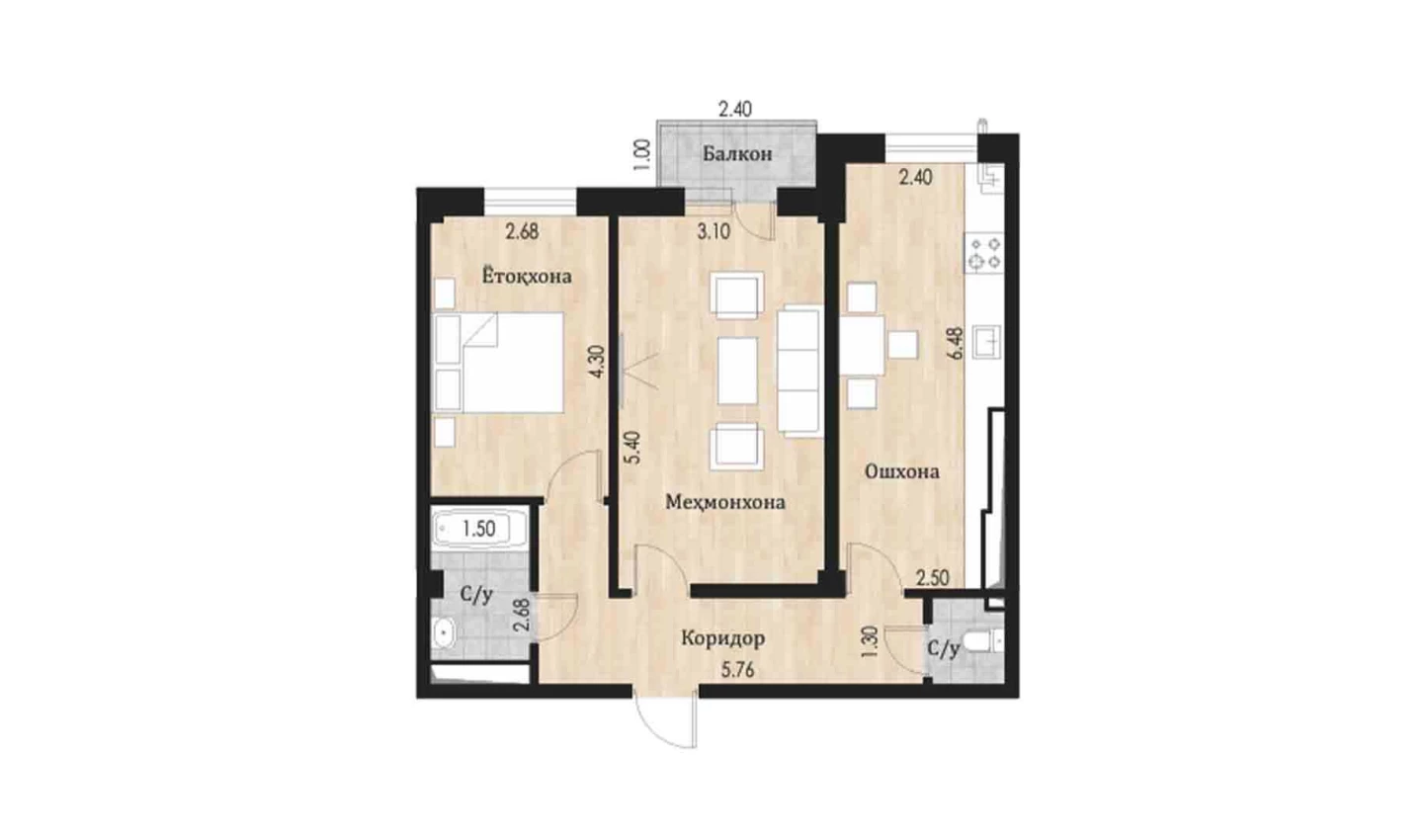 2-xonali xonadon 65.73 m²  4/10 qavat | Ko'kcha-Oqtepa Turar-joy majmuasi