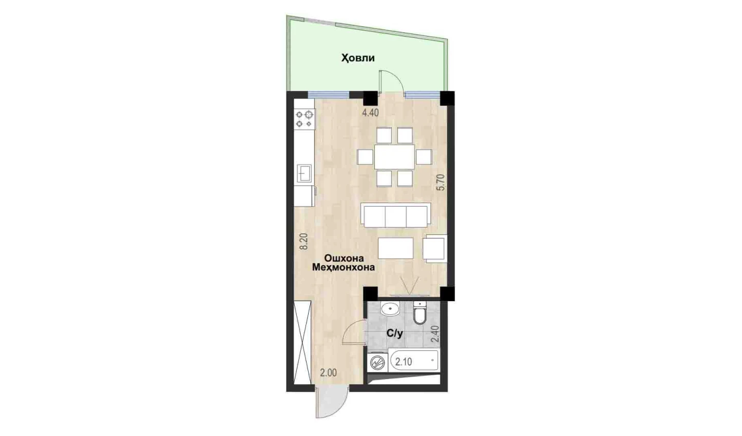 1-xonali xonadon 34.81 m²  1/7 qavat | Bochka Resort Turar-joy majmuasi