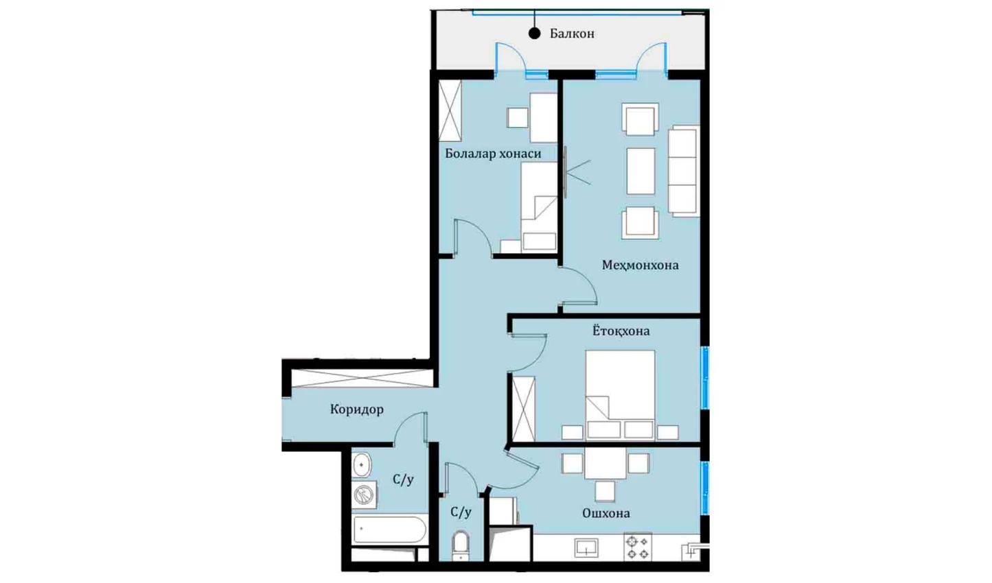 3-xonali xonadon 69.07 m²  16/16 qavat | SOKIN DIYOR Turar-joy majmuasi