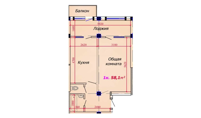 1-комнатная квартира 58.1 м²  8/9 этаж | Жилой комплекс VATAN