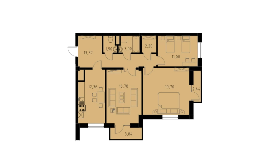 3-xonali xonadon 82.19 m²  6/9 qavat | MINGCHINOR Turar-joy majmuasi