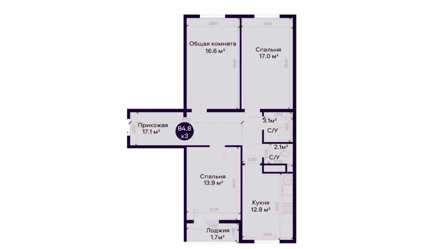 3-xonali xonadon 84.3 m²  8/9 qavat | SOHIL BO'YI ANDIJON Turar-joy majmuasi