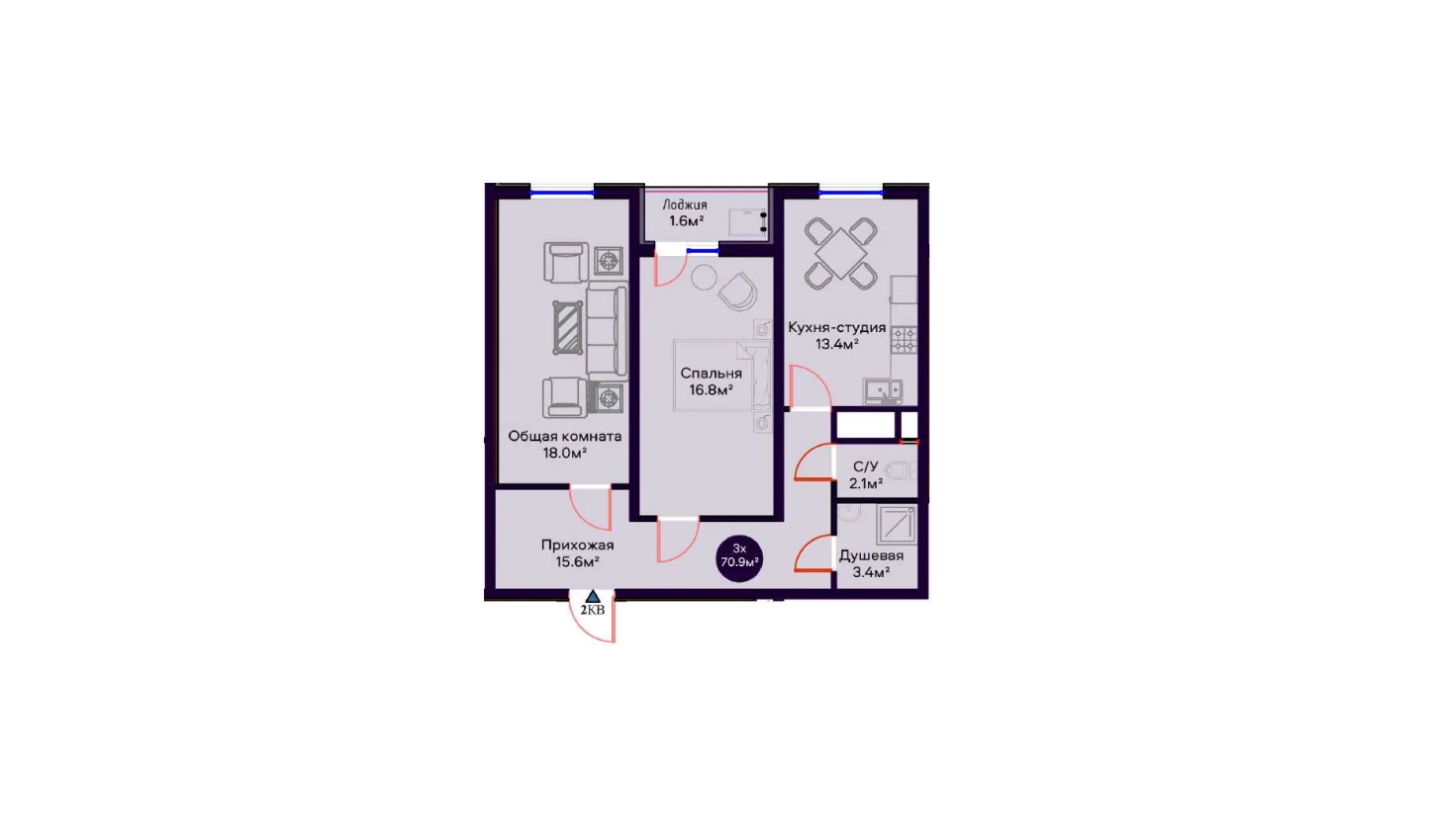 3-xonali xonadon 70.9 m²  4/16 qavat | Crystal Avenue Turar-joy majmuasi