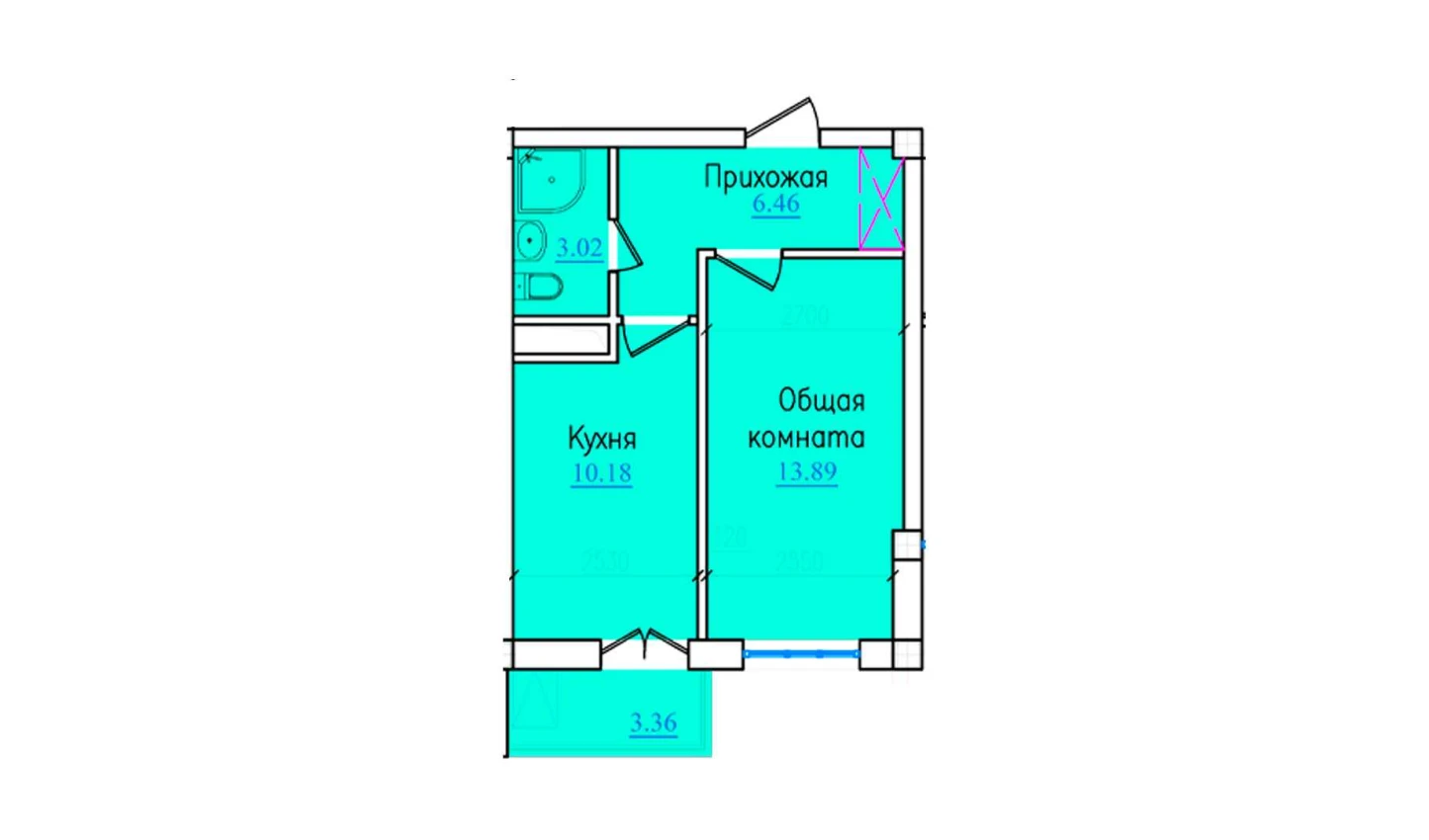 1-xonali xonadon 36.91 m²  5/9 qavat | PROVANS Turar-joy majmuasi