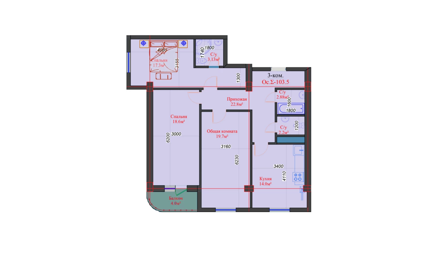 3-комн. квартира 103.5 м²  2/10 этаж | Жилой комплекс Ooo Angren smart city 1