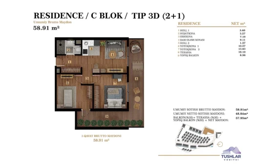 3-xonali xonadon 57.78 m²  1/7 qavat | TUSHLAR VODIYSI Turar-joy majmuasi