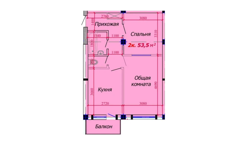 2-xonali xonadon 53.5 m²  9/9 qavat | VATAN Turar-joy majmuasi