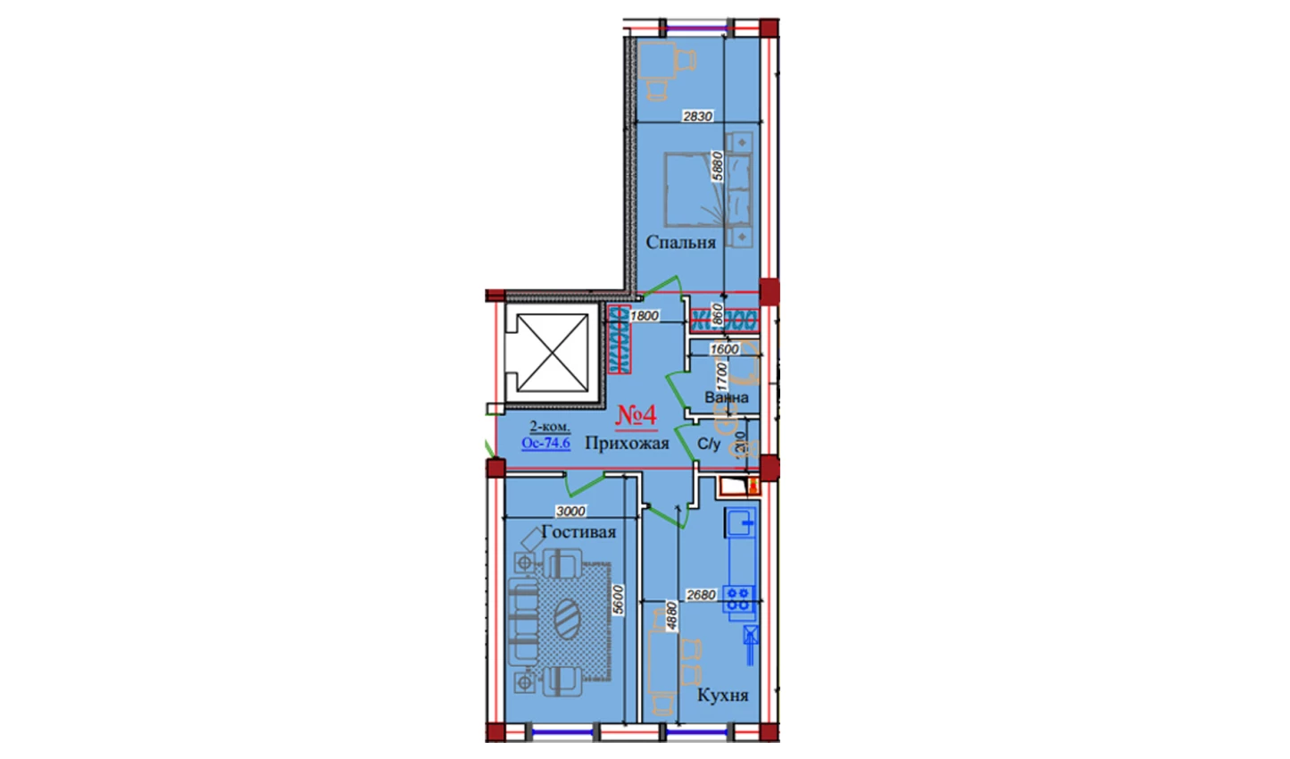 2-xonali xonadon 74.6 m²  1/9 qavat | ZAR ZAMONAVIY UYLAR Turar-joy majmuasi