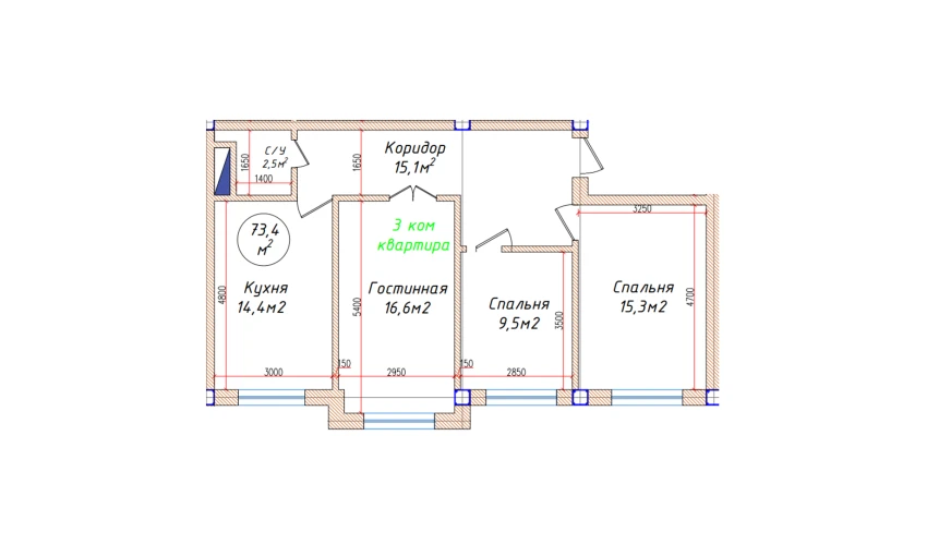 3-комнатная квартира 73.4 м²  1/5 этаж | Жилой комплекс Oq mahalla