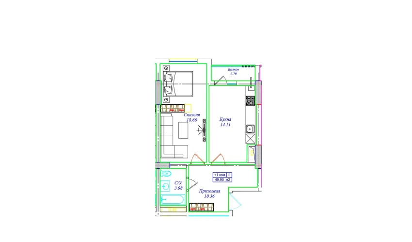 1-xonali xonadon 49.9 m²  3/17 qavat | UCHTEPA CITY Turar-joy majmuasi