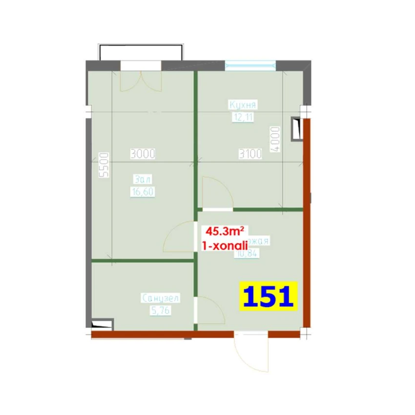 1-xonali xonadon 45.3 m²  7/9 qavat | YANGI AVLOD Turar-joy majmuasi