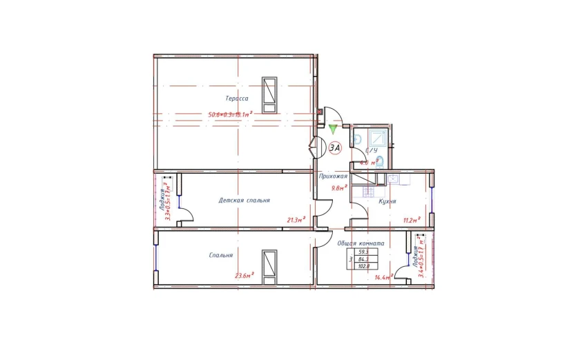 3-xonali xonadon 102.8 m²  16/16 qavat | TRINITY Turar-joy majmuasi