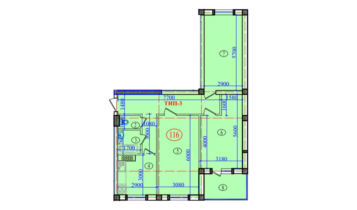 3-xonali xonadon 97.4 m²  6/9 qavat | Orzular Turar-joy majmuasi