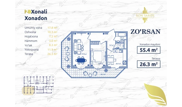 2-комнатная квартира 55.4 м²  15/16 этаж | Жилой комплекс ZO'RSAN