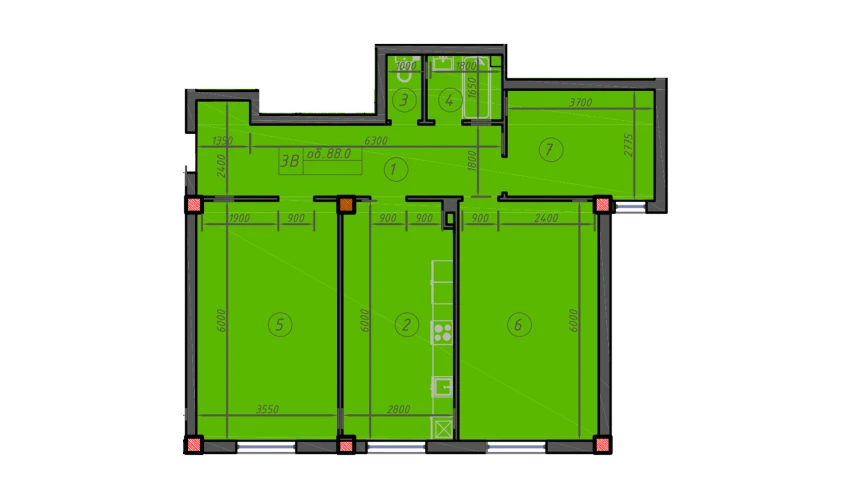3-комнатная квартира 88 м²  1/12 этаж | Жилой комплекс Sokin hayot