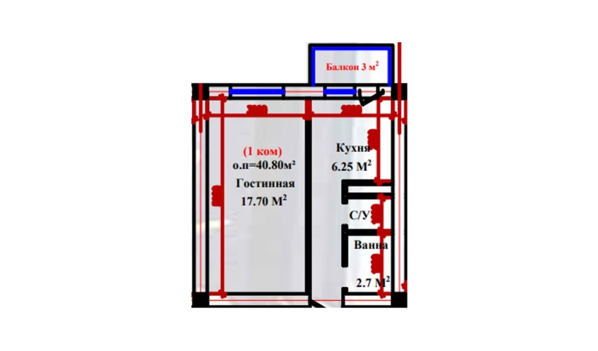 1-комнатная квартира 40.8 м²  2-9/9 этаж | Жилой комплекс NAVOIY ME`MORLAR