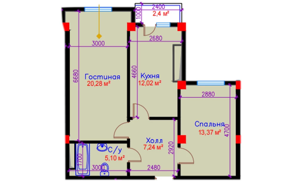 2-xonali xonadon 60.41 m²  6/10 qavat | Ko'kcha-Oqtepa Turar-joy majmuasi