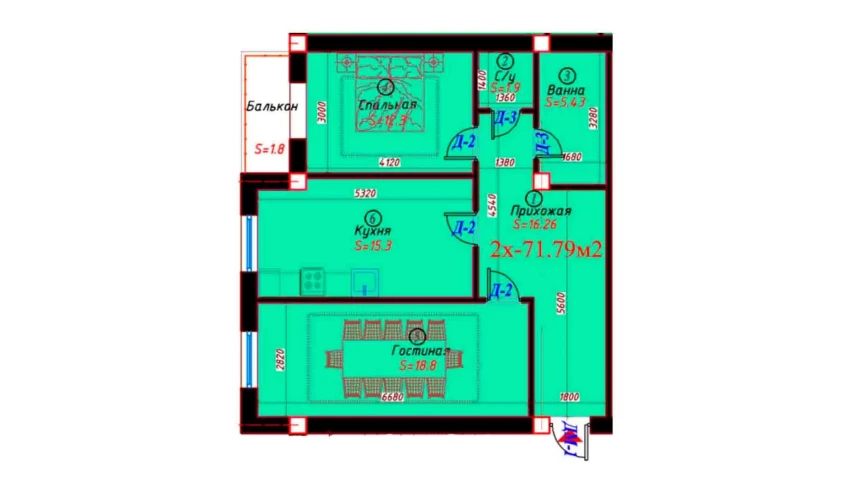 2-комнатная квартира 71.79 м²  4/6 этаж | Жилой комплекс Sohil bo'yi