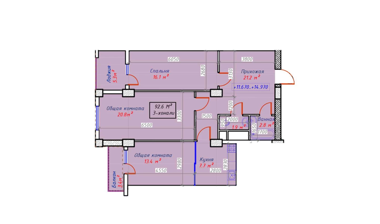 3-комн. квартира 92.6 м²  11/16 этаж | Жилой комплекс Sam House (Qora Suv)