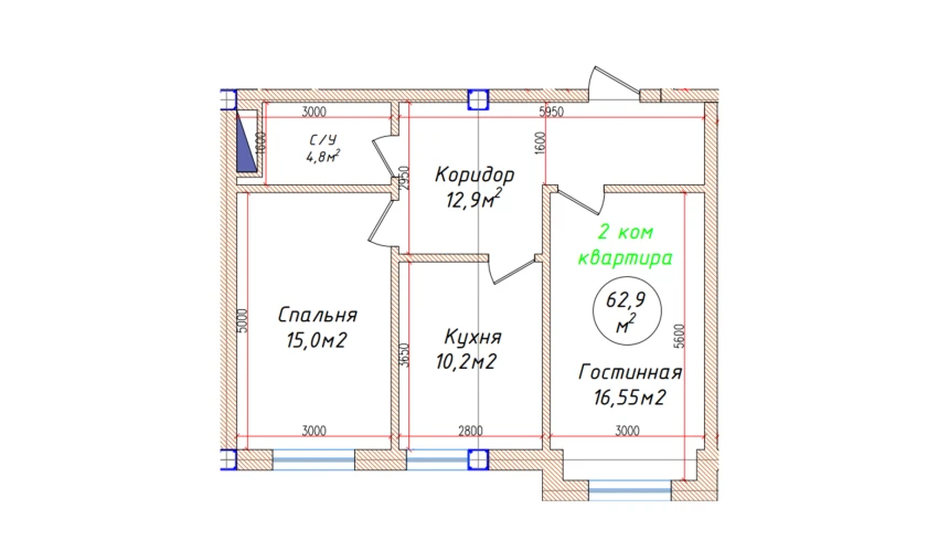 2-xonali xonadon 62.9 m²  1/5 qavat | Oq mahalla Turar-joy majmuasi