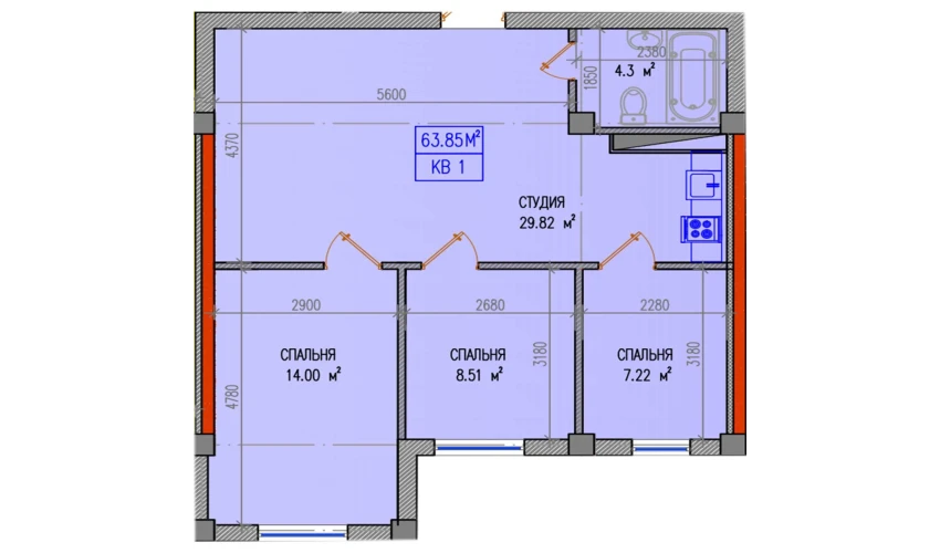 3-комнатная квартира 63.85 м²  1/9 этаж | Жилой комплекс Yuksalish Nurafshon