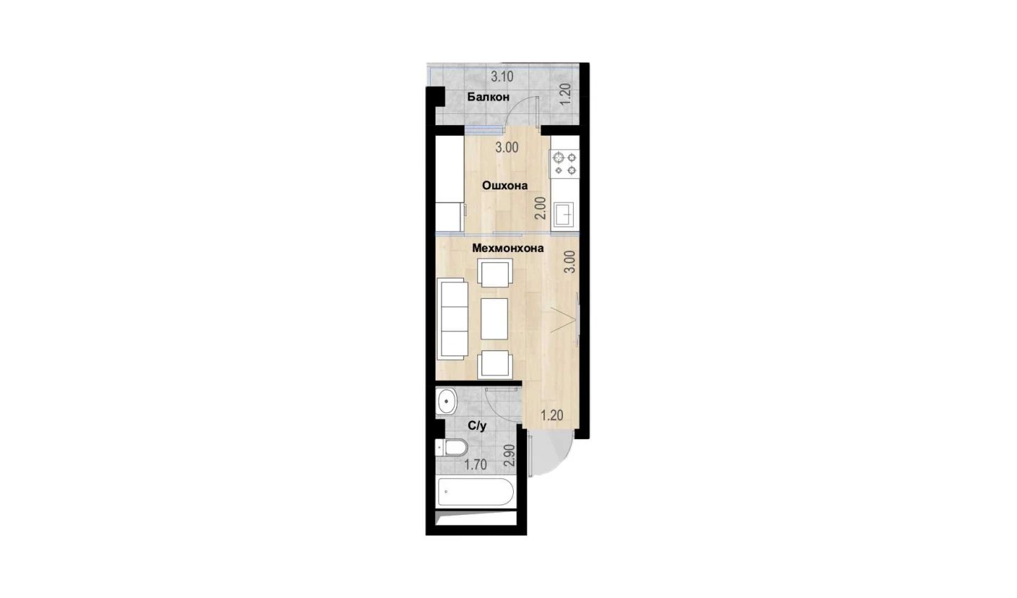 1-xonali xonadon 57.56 m²  7/7 qavat | Bochka Resort Turar-joy majmuasi