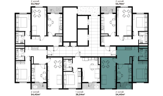 2-комнатная квартира 54.4 м²  15/16 этаж | Жилой комплекс BASHKENT