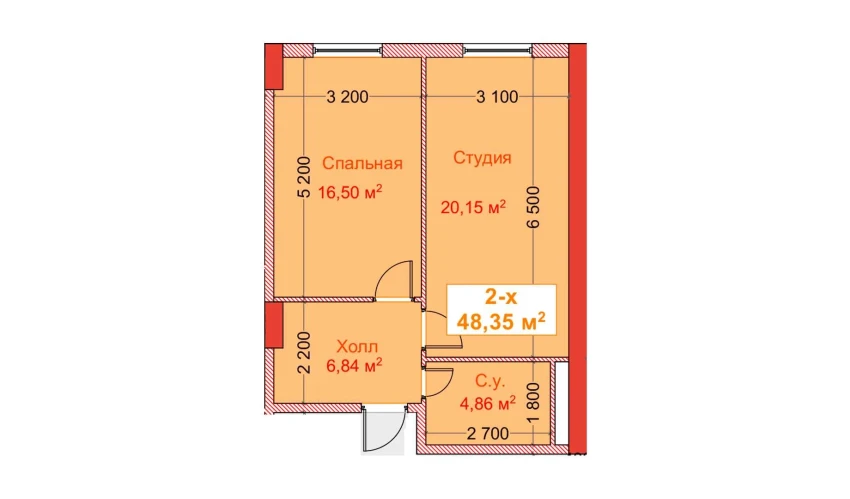 2-xonali xonadon 48.35 m²  2/8 qavat | CAPITAL AVENUE Turar-joy majmuasi