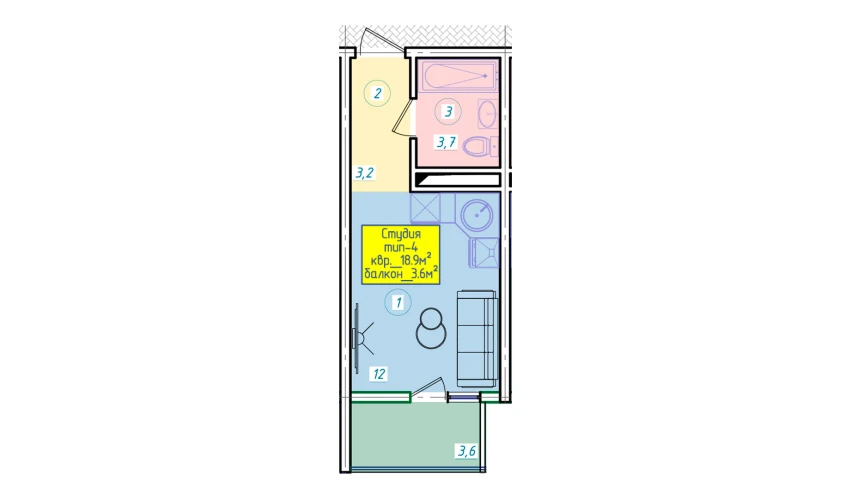 1-комнатная квартира 19.98 м²  9/12 этаж | Жилой комплекс SERGELI CITY