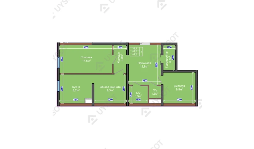 2-xonali xonadon 67 m²  2/9 qavat | NUR HAYAT Turar-joy majmuasi