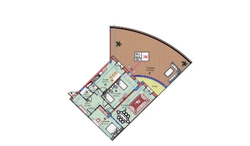 3-комнатная квартира 183.7 м²  3/13 этаж | Жилой комплекс POYTAXT