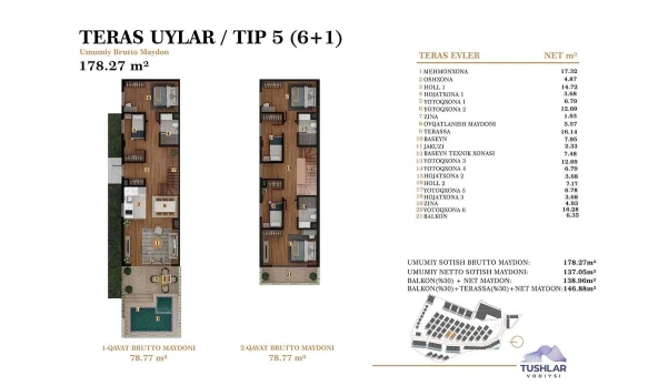 7-комнатная квартира 146.88 м²  2/4 этаж | Жилой комплекс TUSHLAR VODIYSI