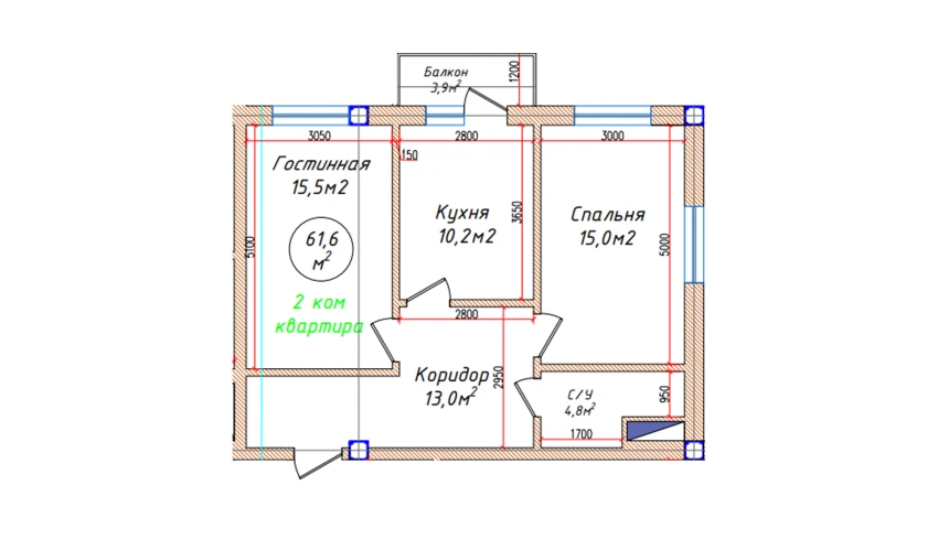 2-xonali xonadon 61.6 m²  5/5 qavat | Oq mahalla Turar-joy majmuasi