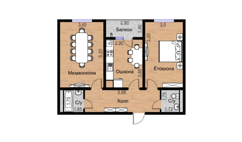 2-xonali xonadon 72.85 m²  14/16 qavat | BRILLIANT Turar-joy majmuasi