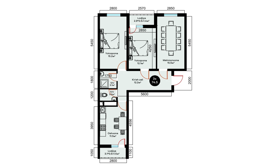 3-комнатная квартира 74.5 м²  3/9 этаж | Жилой комплекс YAQINLAR