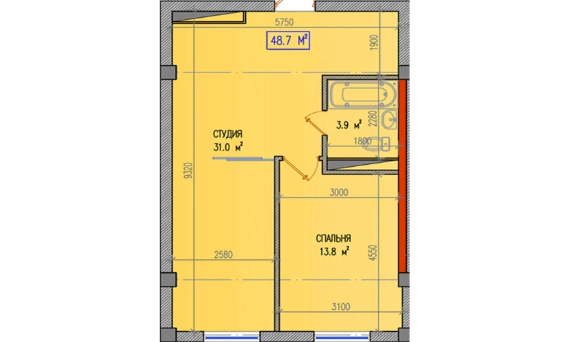 2-xonali xonadon 48.7 m²  3/9 qavat | Yuksalish Nurafshon Turar-joy majmuasi