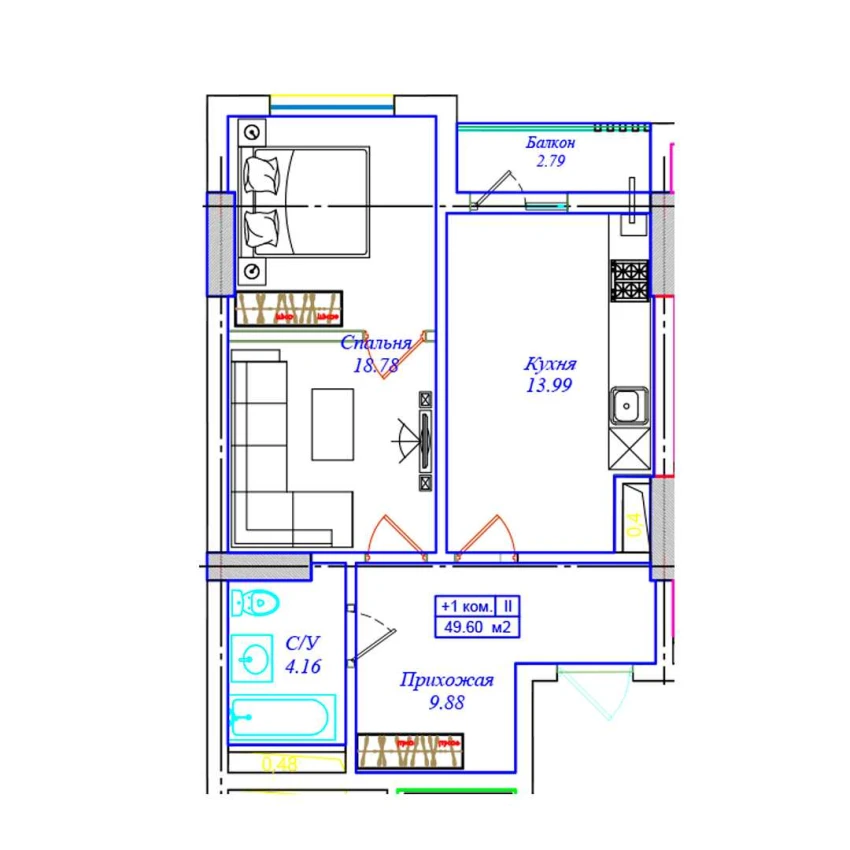 1-xonali xonadon 49.6 m²  3/17 qavat | ASTRA Turar-joy majmuasi