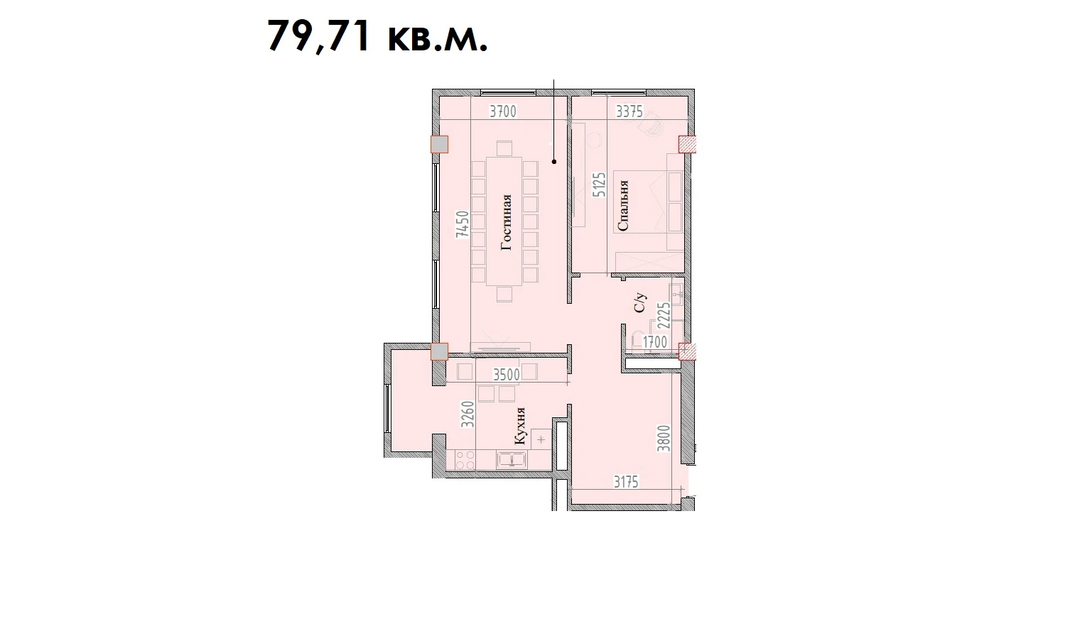 2-комн. квартира 79.71 м²  13/16 этаж | Жилой комплекс MAVERA TOWN