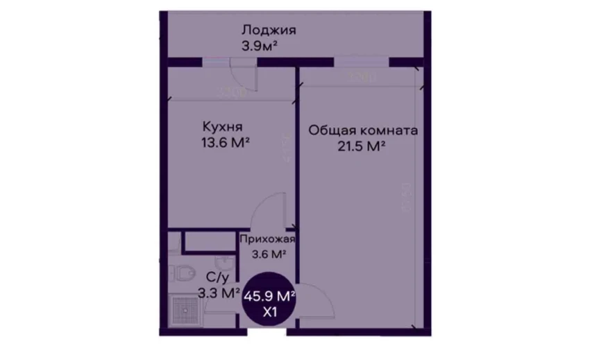 1-комнатная квартира 45.9 м²  4/12 этаж | Жилой комплекс YAQINLAR