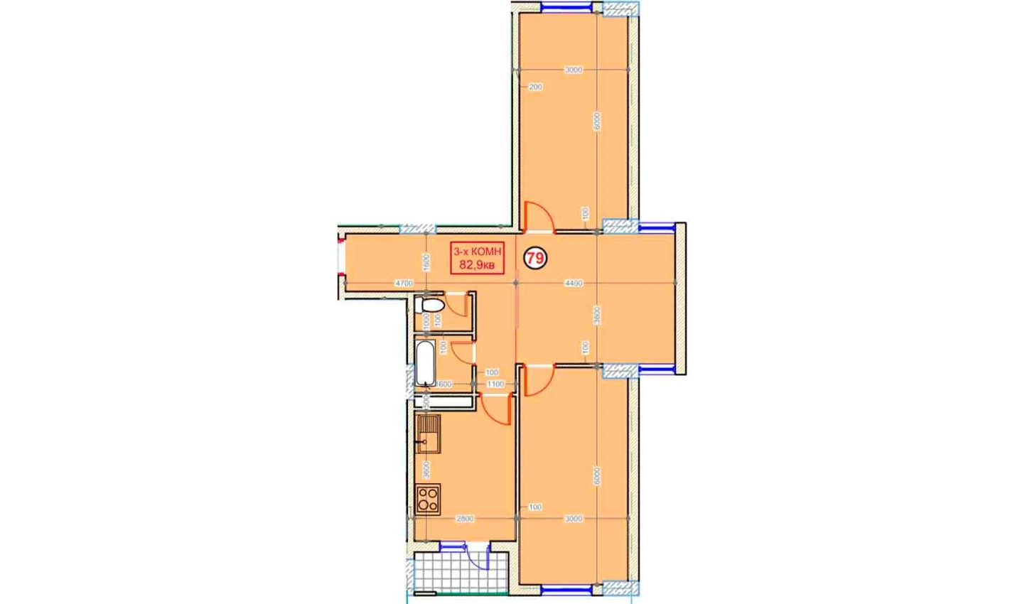 3-комн. квартира 82.9 м²  9/9 этаж | Жилой комплекс XUMO