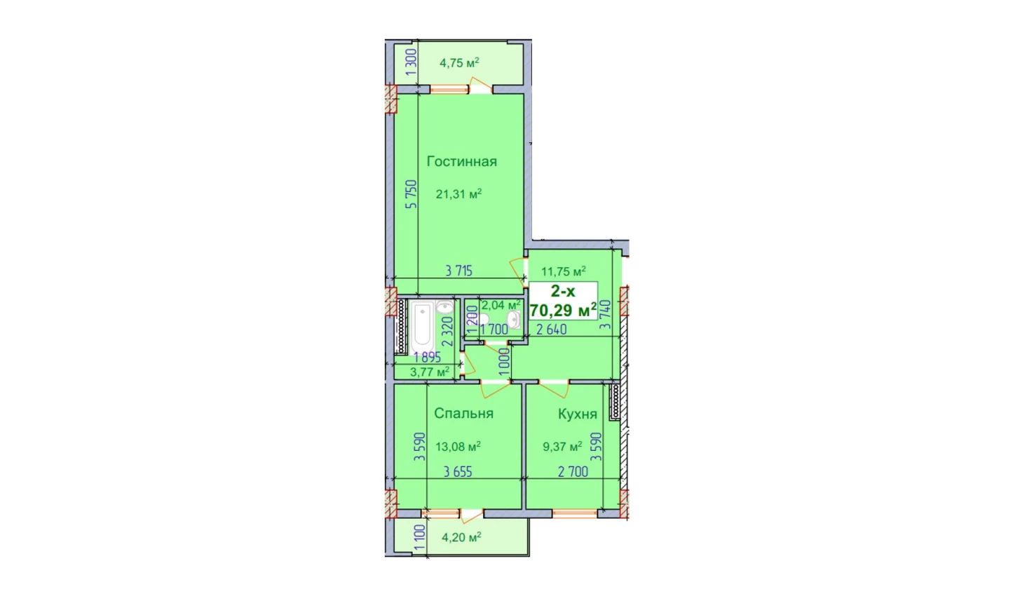 2-комн. квартира 70.29 м²  3/9 этаж | Жилой комплекс SHAYX-UL OLAM