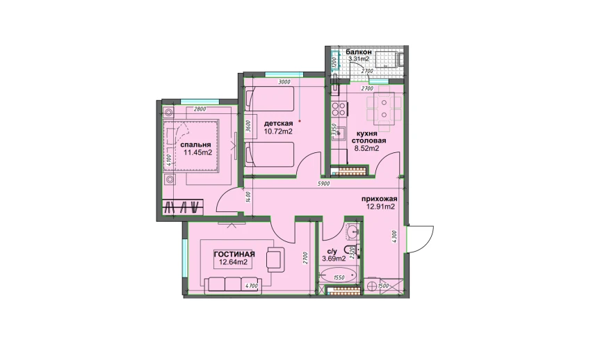 3-комнатная квартира 61.58 м²  2/16 этаж | Жилой комплекс BASHKENT