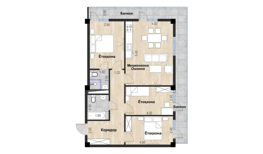 4-комнатная квартира 87.62 м²  6/7 этаж | Жилой комплекс Bochka Resort