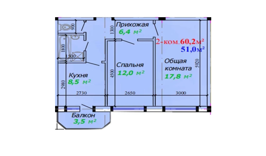 2-xonali xonadon 60.2 m²  5/7 qavat | Bunyodkor Turar-joy majmuasi