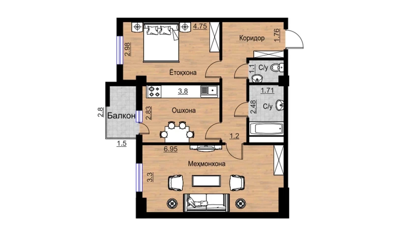 2-комнатная квартира 74.75 м²  13/16 этаж | Жилой комплекс BRILLIANT