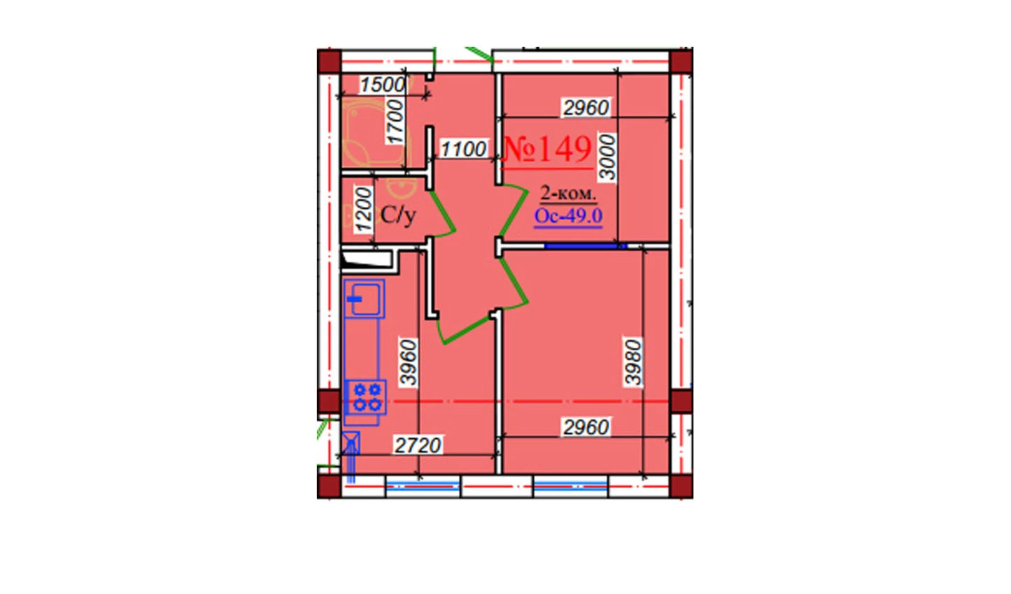2-xonali xonadon 49 m²  6/9 qavat | ZAR ZAMONAVIY UYLAR Turar-joy majmuasi