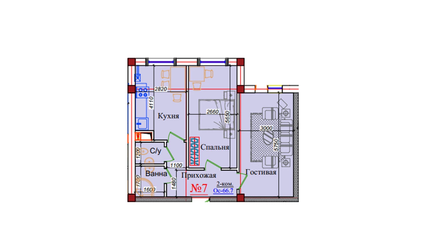 2-комн. квартира 66.7 м²  7/9 этаж | Жилой комплекс ZAR ZAMONAVIY UYLAR